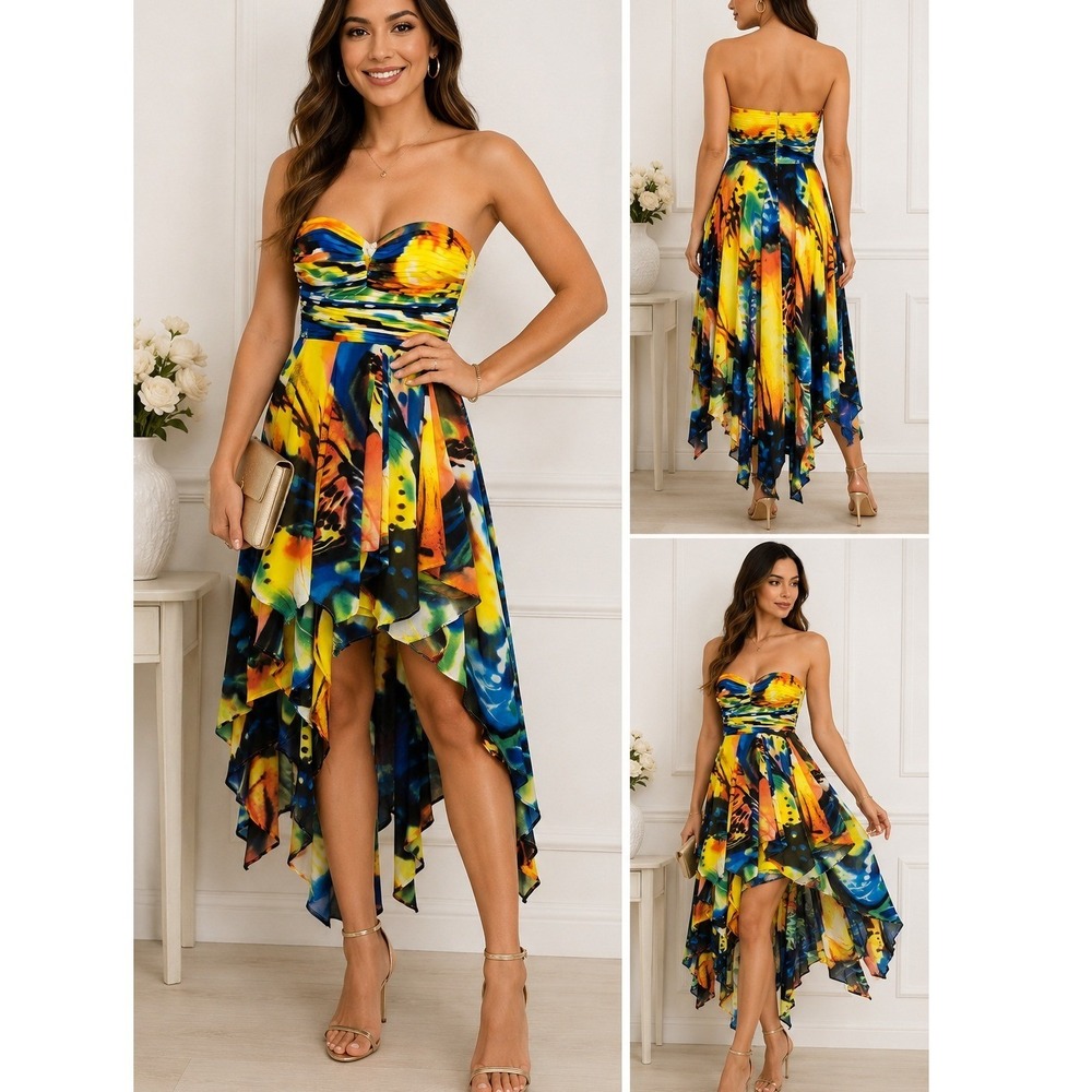 Y2K Fairy Arden B‎ XS Strapless High Low Dress Abstract Print Handkerchief Hem